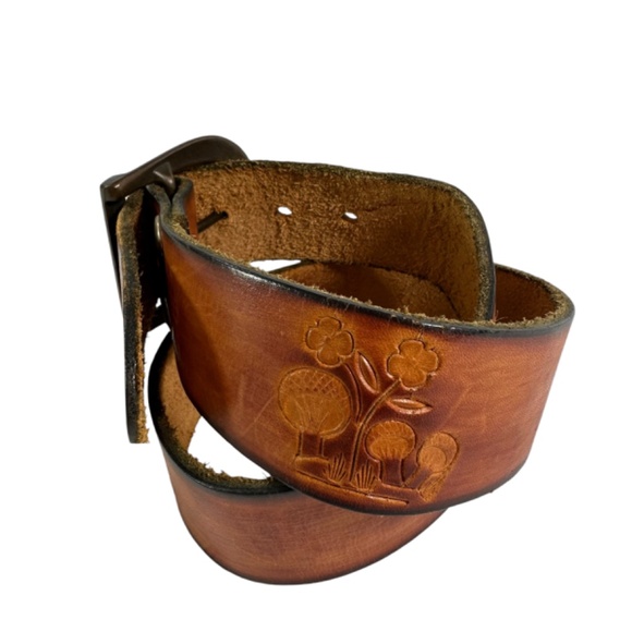 Vintage Brown Leather Mushrooms & Flowers Pattern Belt 28 Unisex main image 3